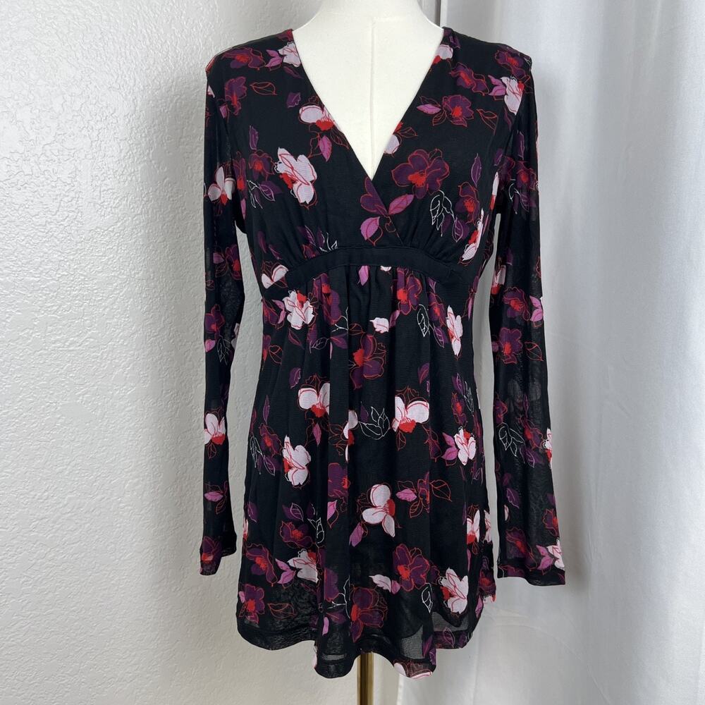 VTG New York & Co Top Womens Medium‎ Black Floral Mesh Babydoll Fairy Y2K Gothic